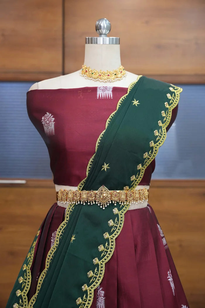 Mamidi Women's Woven Design zari work Half Saree with Embroidered Blouse and Dupatta
