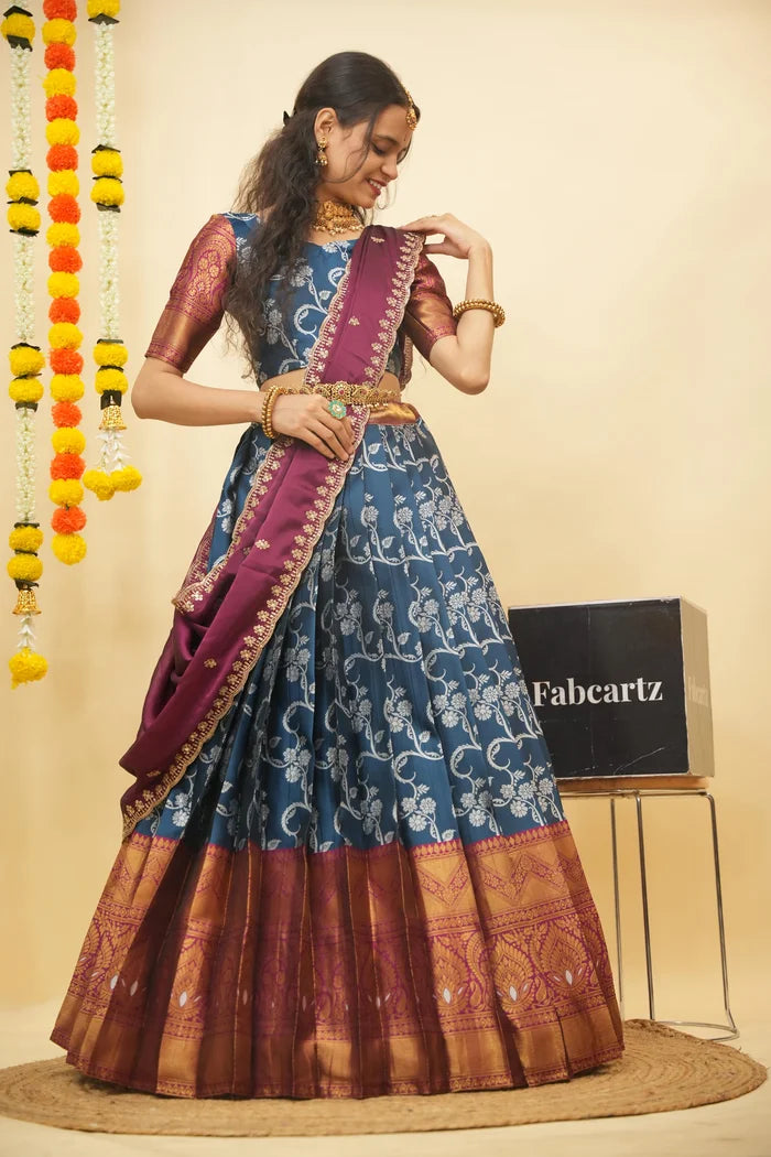 HemaValli Women's Woven Design zari work Half Saree with Embroidered Blouse and Dupatta