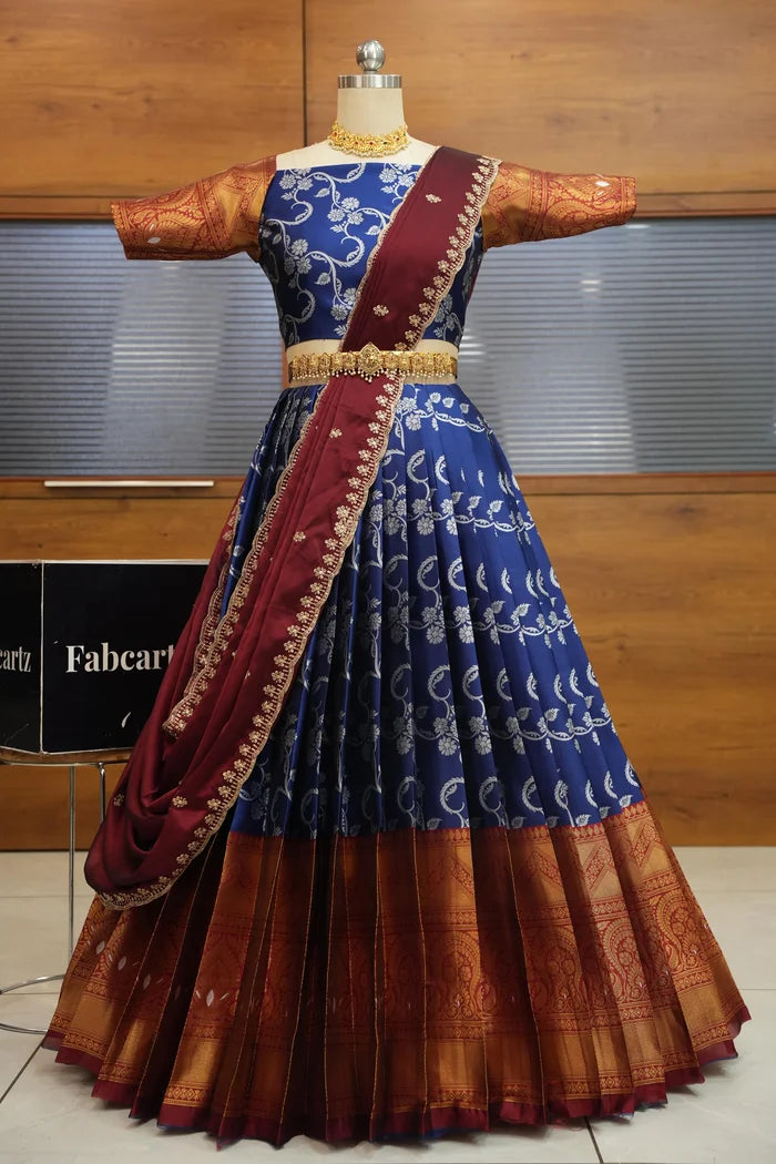 HemaValli Women's Woven Design zari work Half Saree with Embroidered Blouse and Dupatta