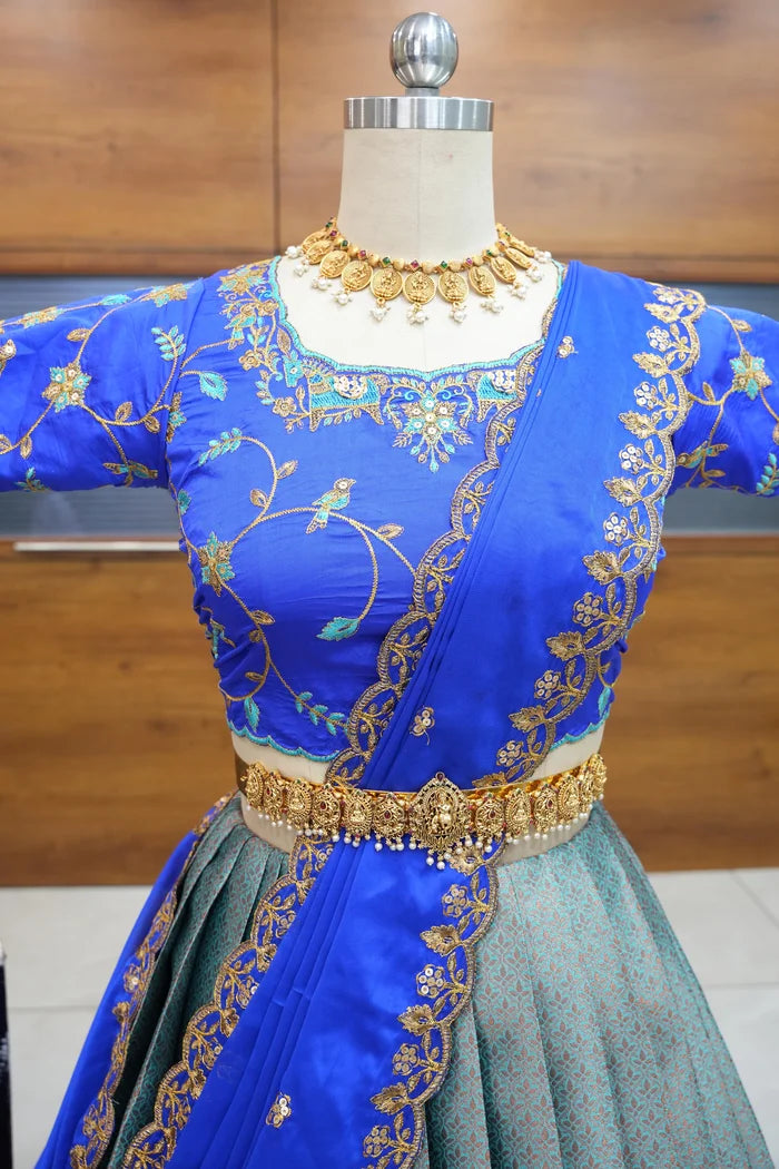 PihuPattu Women's Woven Design zari work Half Saree with Embroidered Blouse and Dupatta