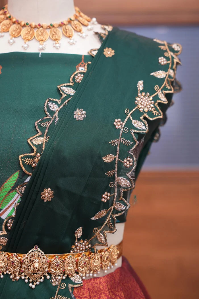 Taj Mahal Women's Woven Design zari work Half Saree with Embroidered Blouse and Dupatta