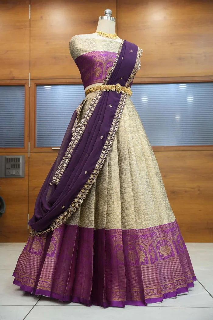 Oye!!Pattu Women's Woven Design zari work Half Saree with Embroidered Blouse and Dupatta