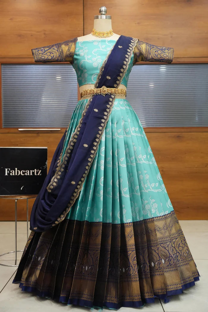 HemaValli Women's Woven Design zari work Half Saree with Embroidered Blouse and Dupatta