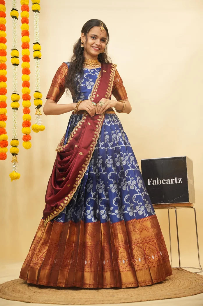 HemaValli Women's Woven Design zari work Half Saree with Embroidered Blouse and Dupatta