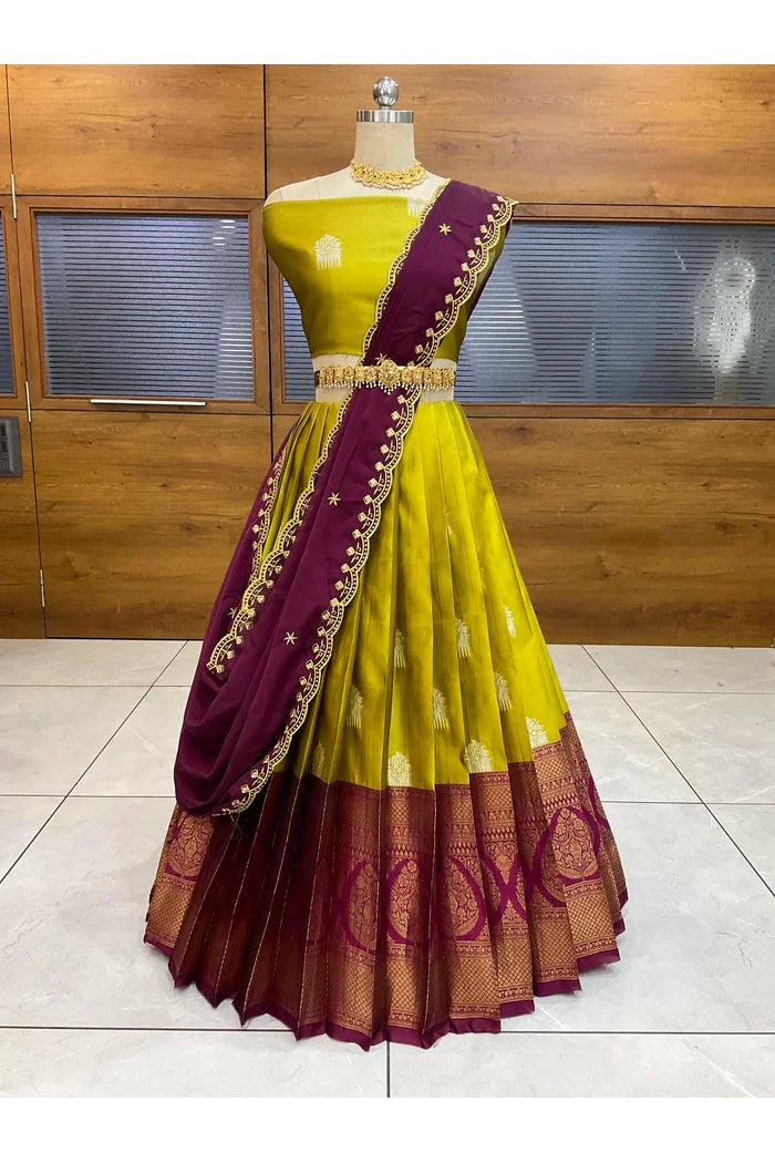 Mamidi Women's Woven Design zari work Half Saree with Embroidered Blouse and Dupatta
