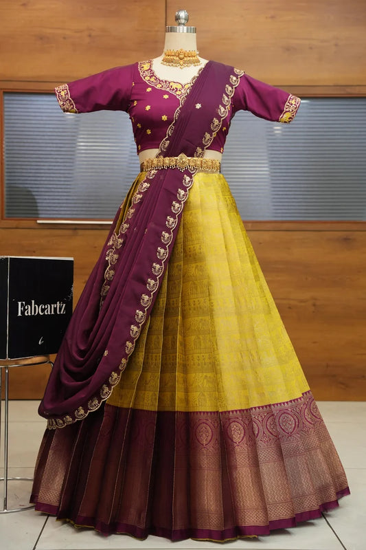 HathiGhoda Women's Woven Design zari work Half Saree with Embroidered Blouse and Dupatta