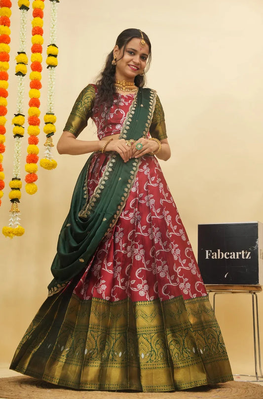 HemaValli Women's Woven Design zari work Half Saree with Embroidered Blouse and Dupatta