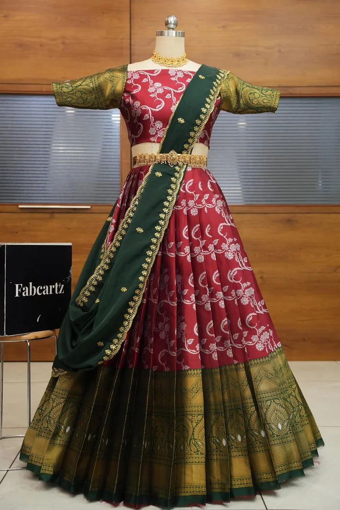 HemaValli Women's Woven Design zari work Half Saree with Embroidered Blouse and Dupatta