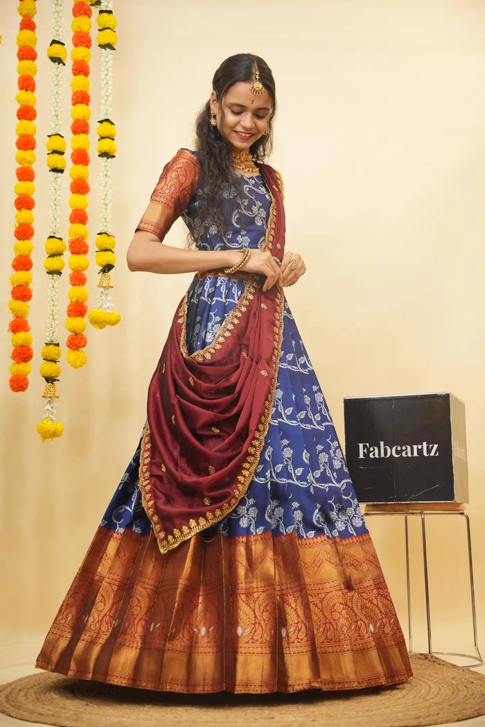 HemaValli Women's Woven Design zari work Half Saree with Embroidered Blouse and Dupatta