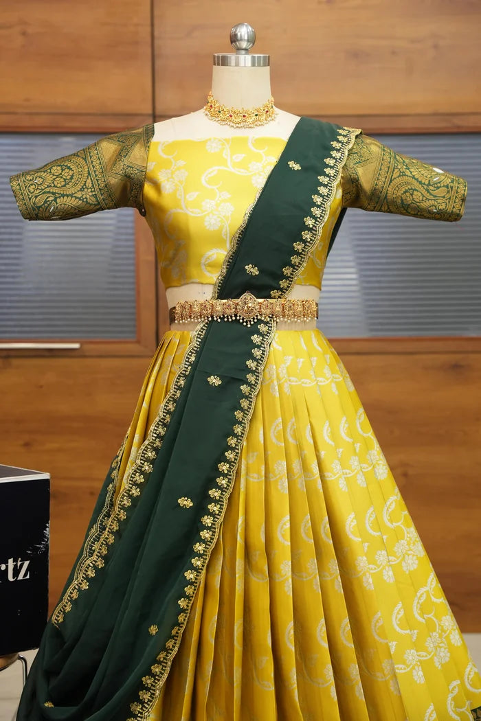 HemaValli Women's Woven Design zari work Half Saree with Embroidered Blouse and Dupatta