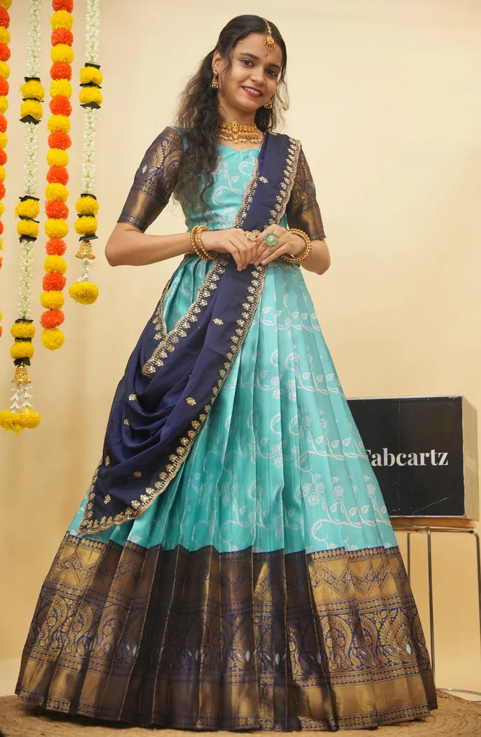 HemaValli Women's Woven Design zari work Half Saree with Embroidered Blouse and Dupatta