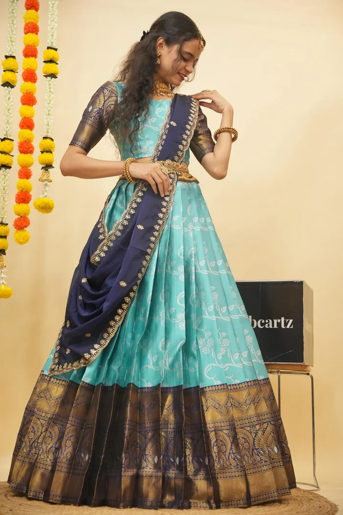 HemaValli Women's Woven Design zari work Half Saree with Embroidered Blouse and Dupatta