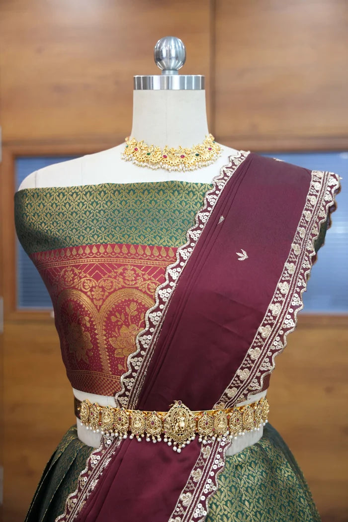 Oye!!Pattu Women's Woven Design zari work Half Saree with Embroidered Blouse and Dupatta