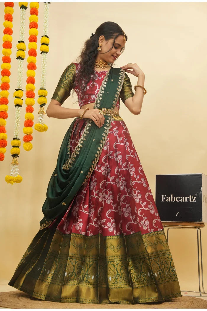 HemaValli Women's Woven Design zari work Half Saree with Embroidered Blouse and Dupatta