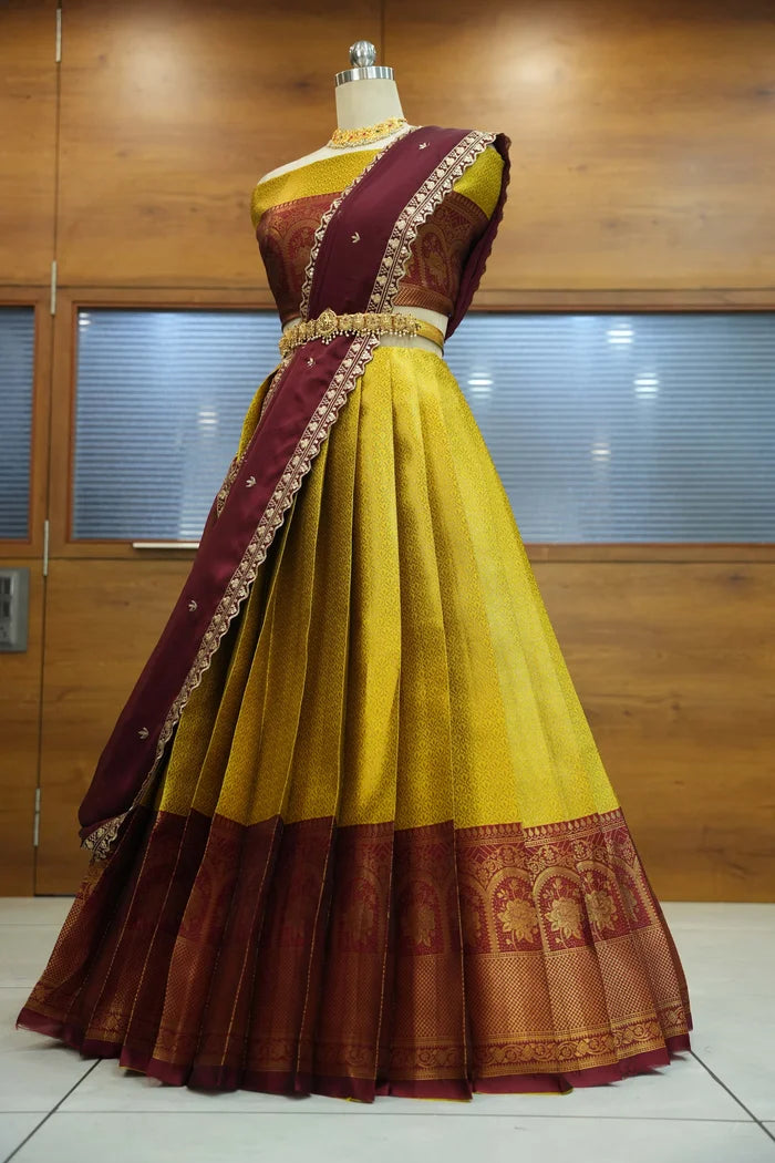 Oye!!Pattu Women's Woven Design zari work Half Saree with Embroidered Blouse and Dupatta