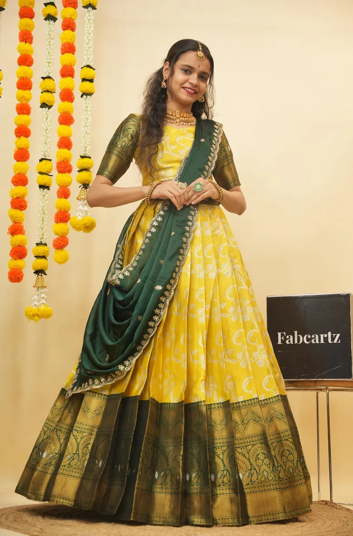 HemaValli Women's Woven Design zari work Half Saree with Embroidered Blouse and Dupatta