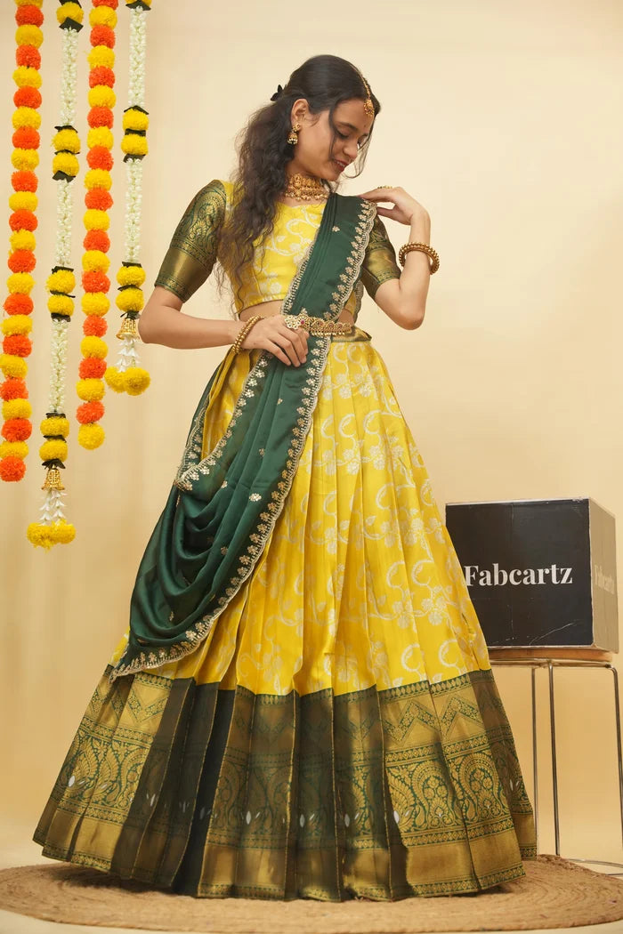 HemaValli Women's Woven Design zari work Half Saree with Embroidered Blouse and Dupatta