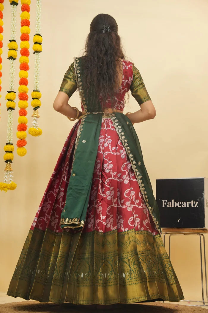 HemaValli Women's Woven Design zari work Half Saree with Embroidered Blouse and Dupatta