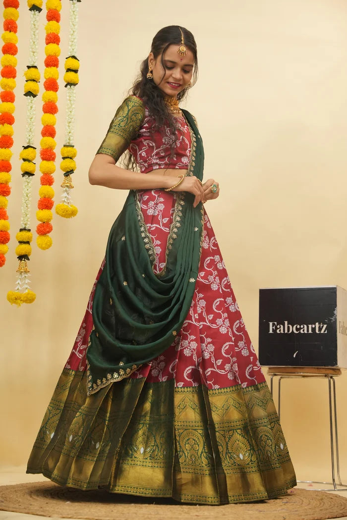HemaValli Women's Woven Design zari work Half Saree with Embroidered Blouse and Dupatta