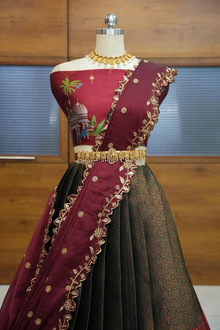 Taj Mahal Women's Woven Design zari work Half Saree with Embroidered Blouse and Dupatta