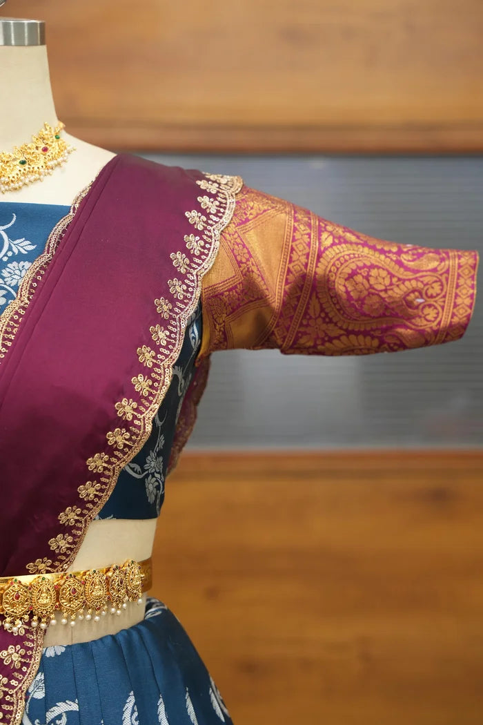 HemaValli Women's Woven Design zari work Half Saree with Embroidered Blouse and Dupatta