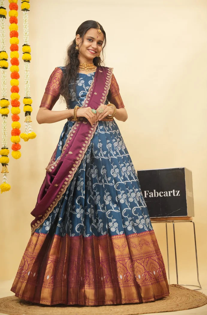 HemaValli Women's Woven Design zari work Half Saree with Embroidered Blouse and Dupatta