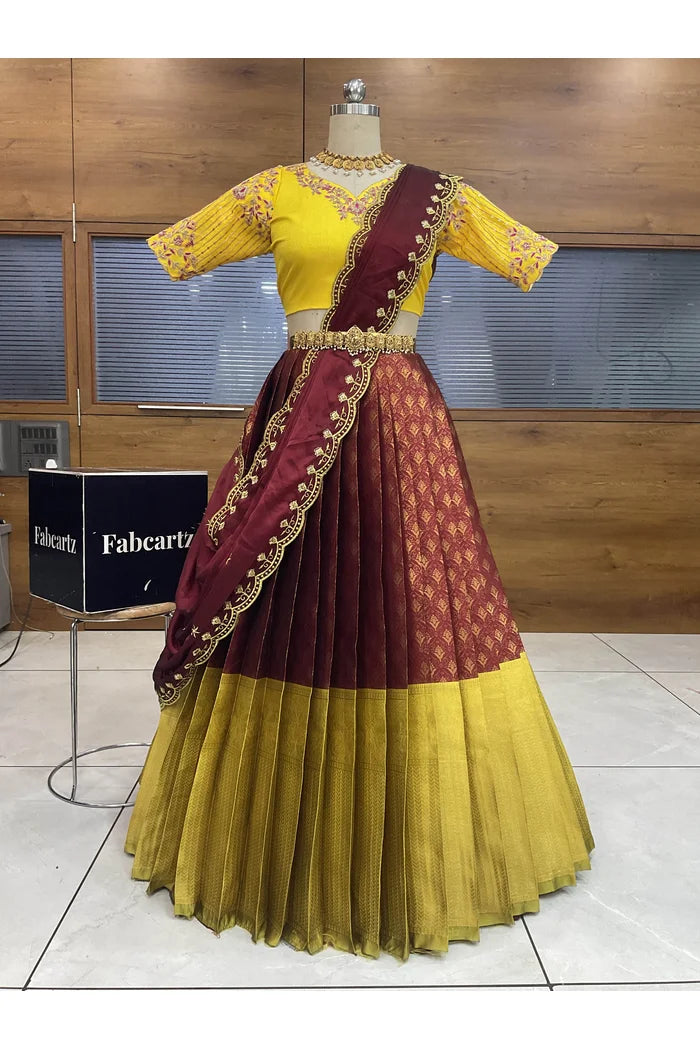 Munjya Women's Woven Design zari work Half Saree with Embroidered Blouse and Dupatta