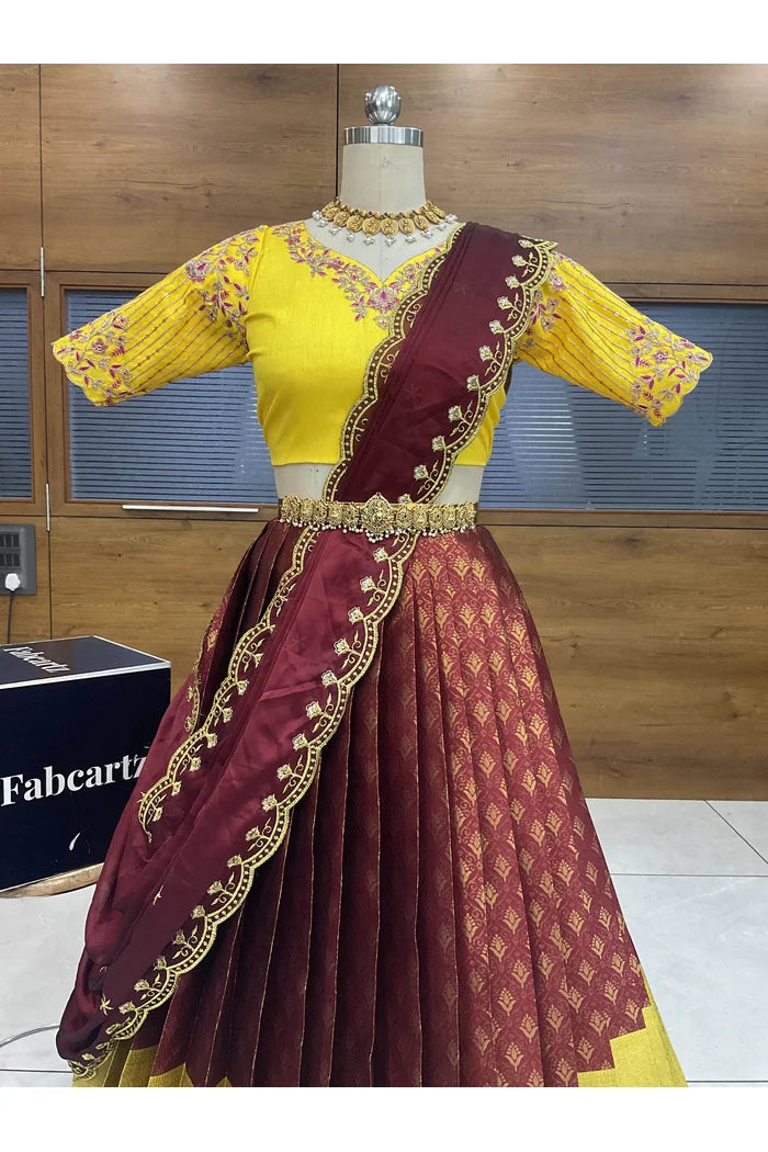 Munjya Women's Woven Design zari work Half Saree with Embroidered Blouse and Dupatta