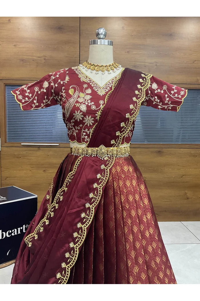 Munjya Women's Woven Design zari work Half Saree with Embroidered Blouse and Dupatta