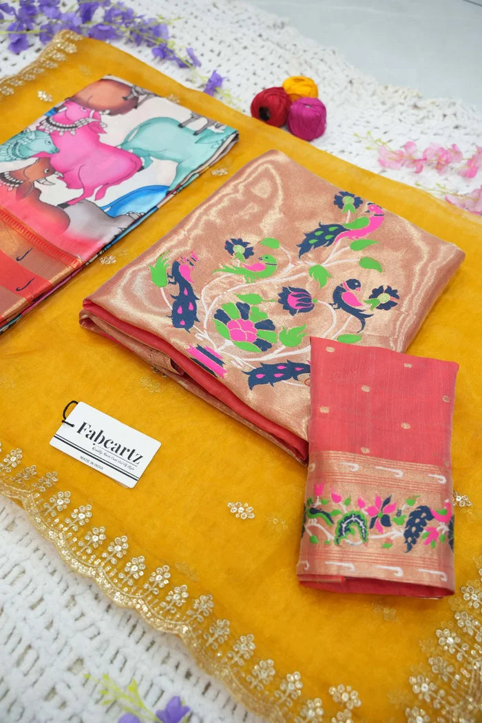 Nandi Women's Printed With Woven Zari Border in Half Saree with Blouse and Embroidered Dupatta