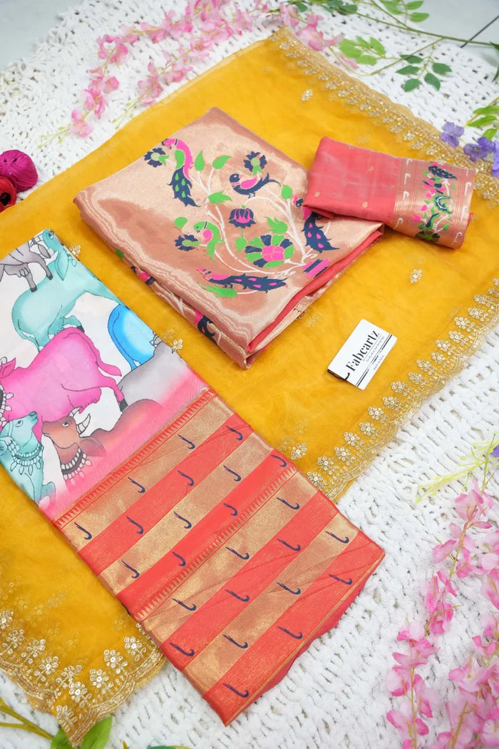 Nandi Women's Printed With Woven Zari Border in Half Saree with Blouse and Embroidered Dupatta