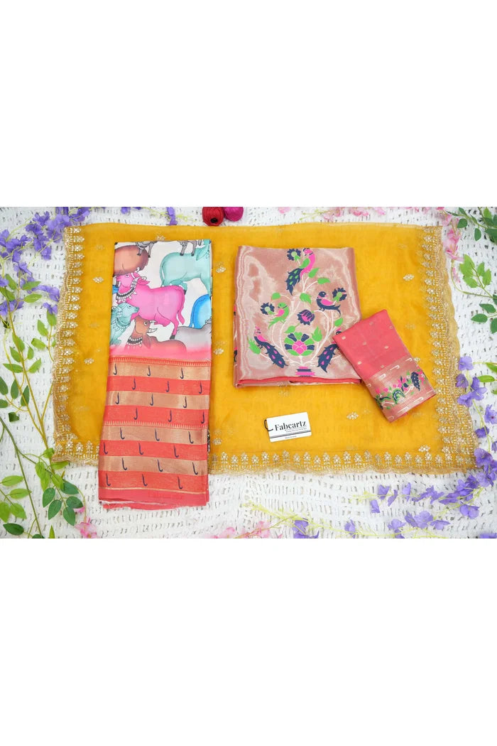 Nandi Women's Printed With Woven Zari Border in Half Saree with Blouse and Embroidered Dupatta