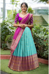 Jiya Women's Woven Design zari work Half Saree with Embroidered Blouse and Dupatta