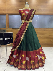 (KaamRango) South Indian Festival Traditional Half Saree with Embroidered Blouse & Dupatta