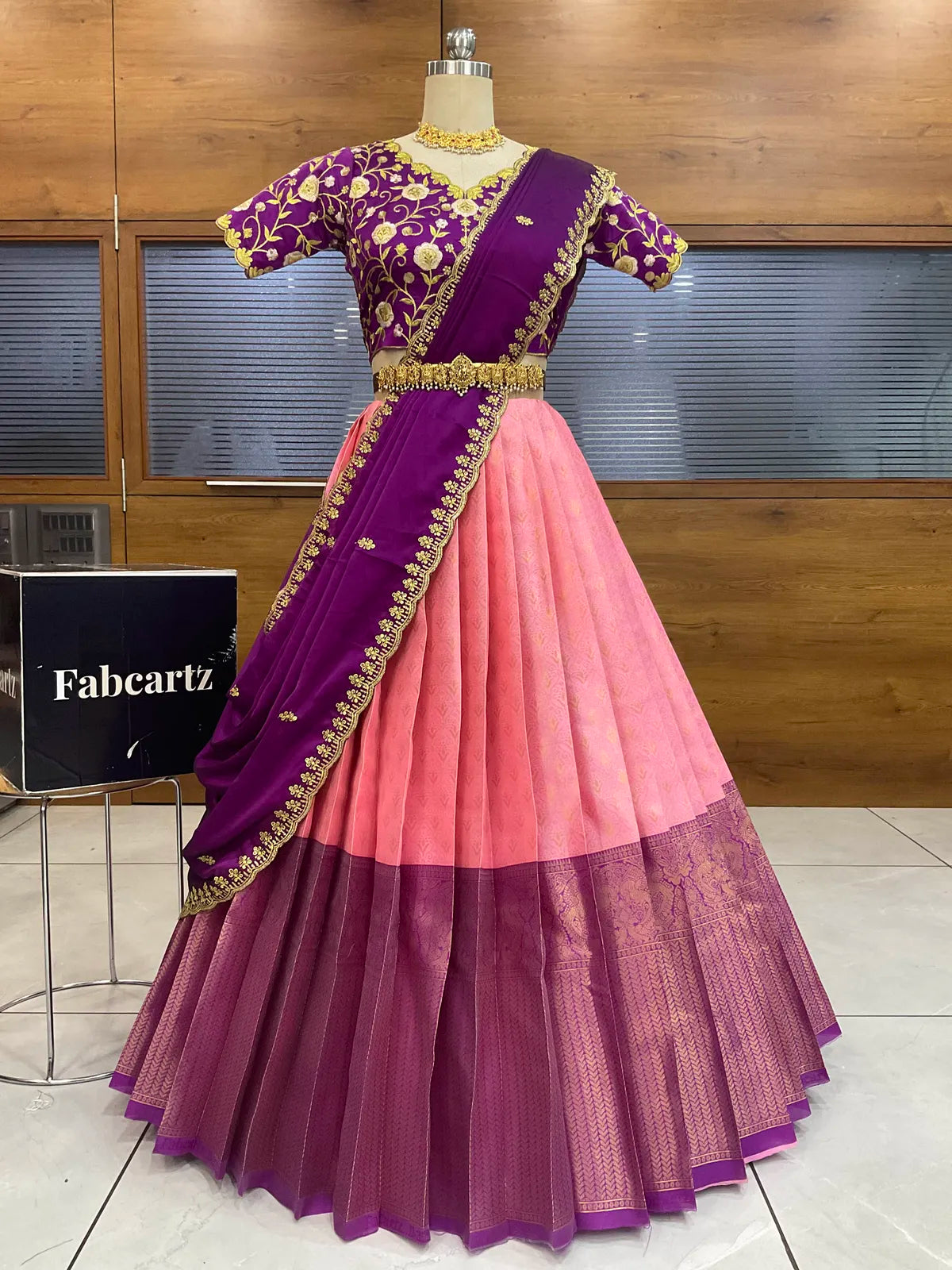 Munjya Women's Woven Design zari work Half Saree with Embroidered Blouse and Dupatta