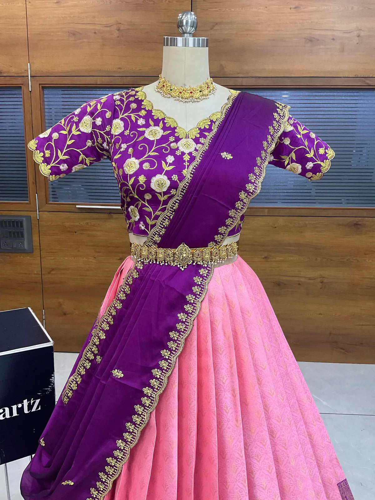 Munjya Women's Woven Design zari work Half Saree with Embroidered Blouse and Dupatta