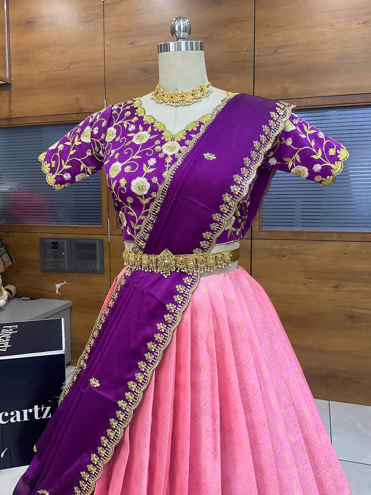 Munjya Women's Woven Design zari work Half Saree with Embroidered Blouse and Dupatta