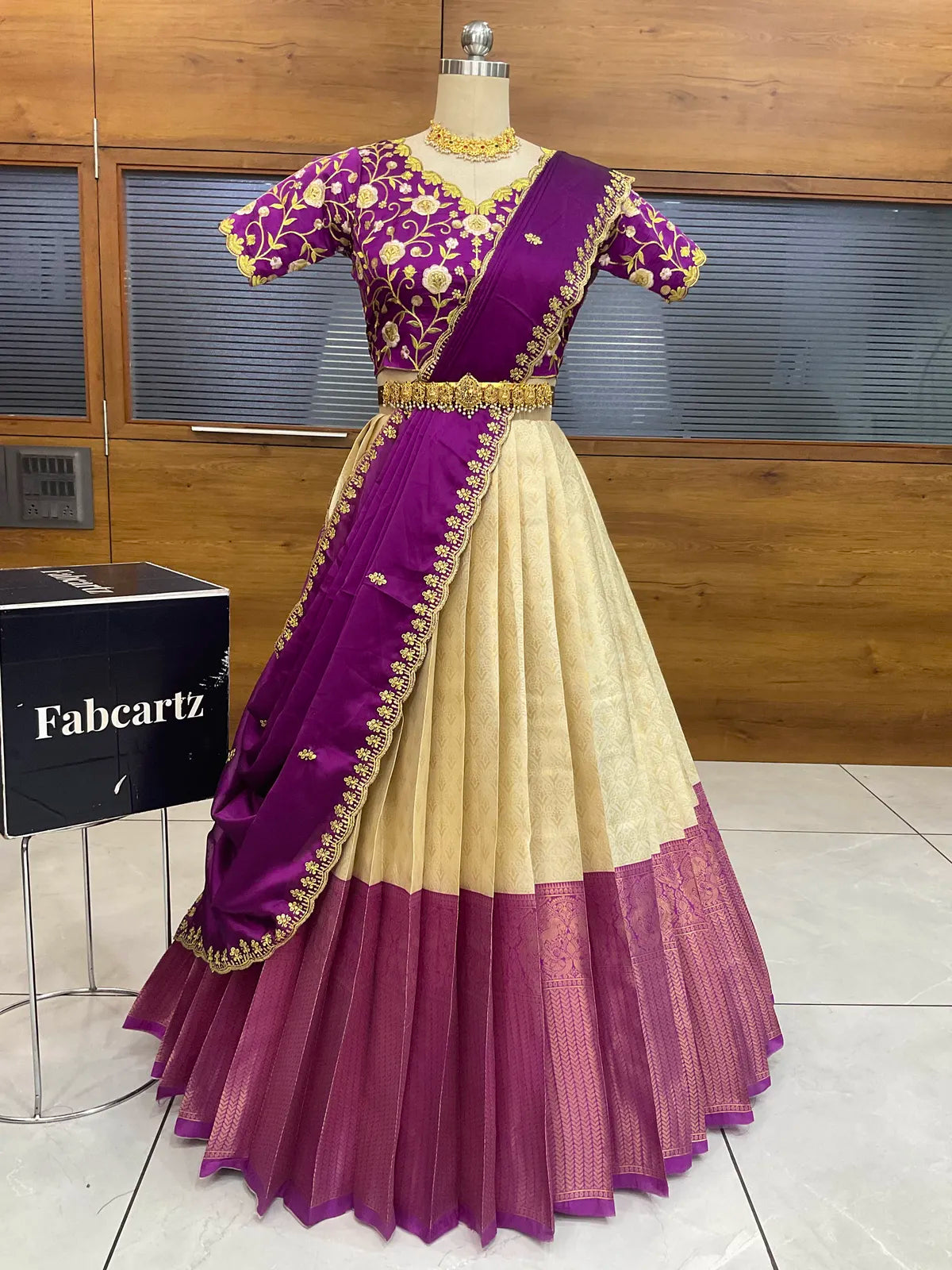Munjya Women's Woven Design zari work Half Saree with Embroidered Blouse and Dupatta