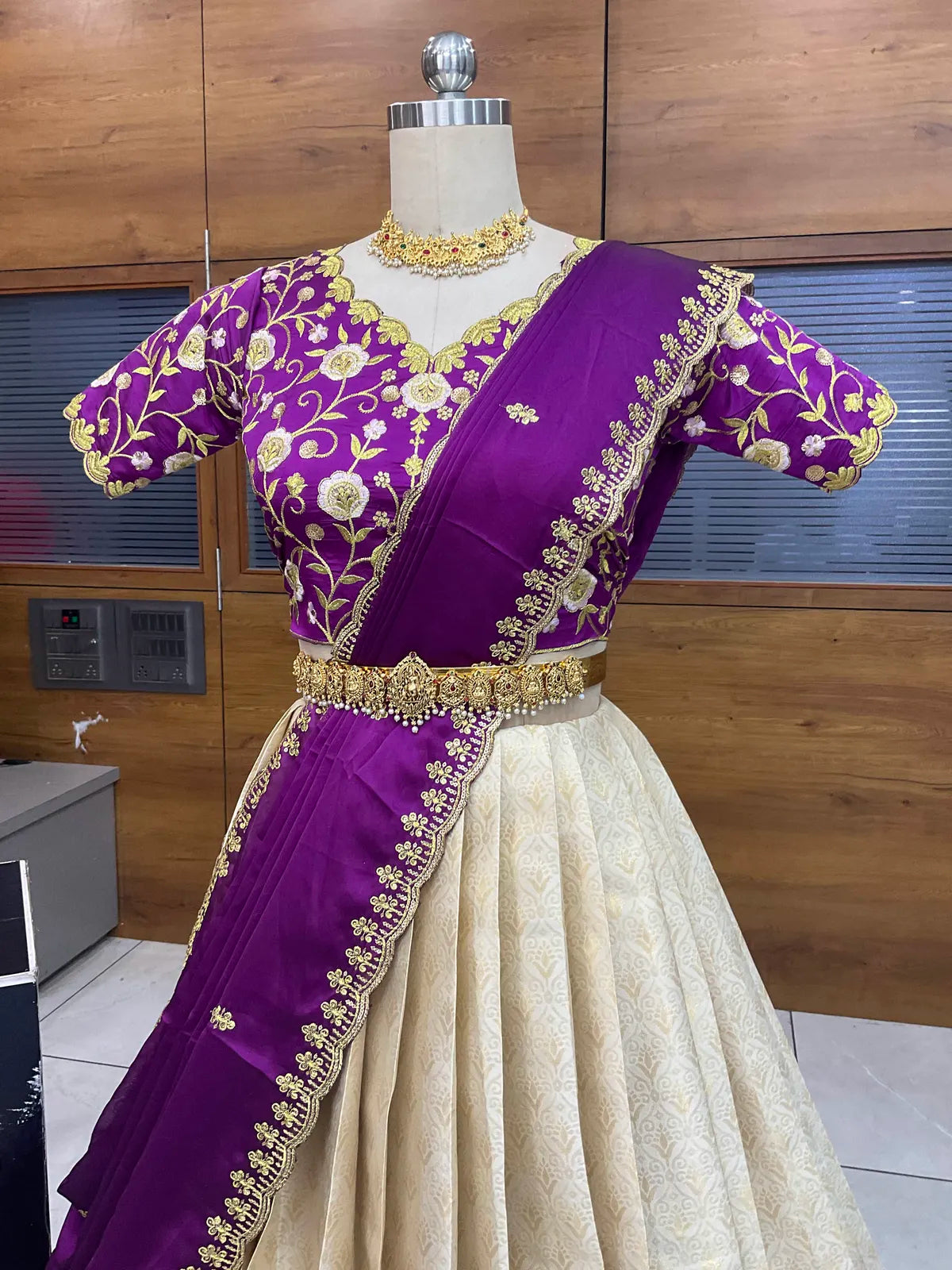 Munjya Women's Woven Design zari work Half Saree with Embroidered Blouse and Dupatta