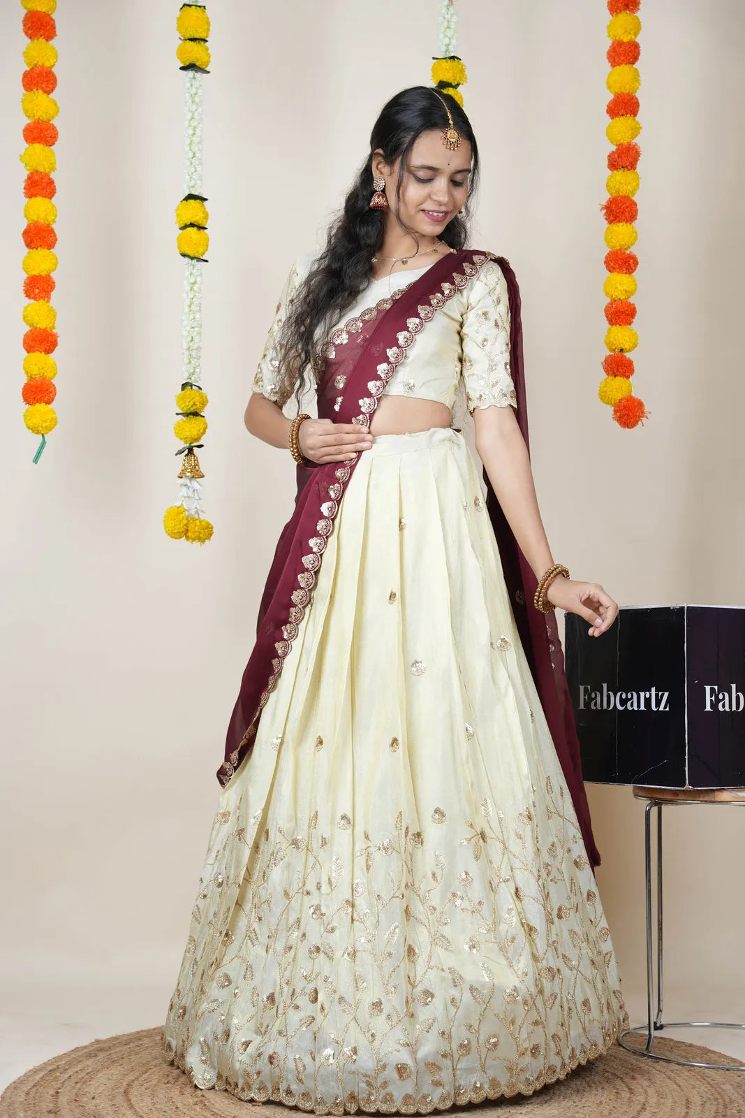 Satyabhumi Women's Embroidered Half Saree with Blouse and Dupatta