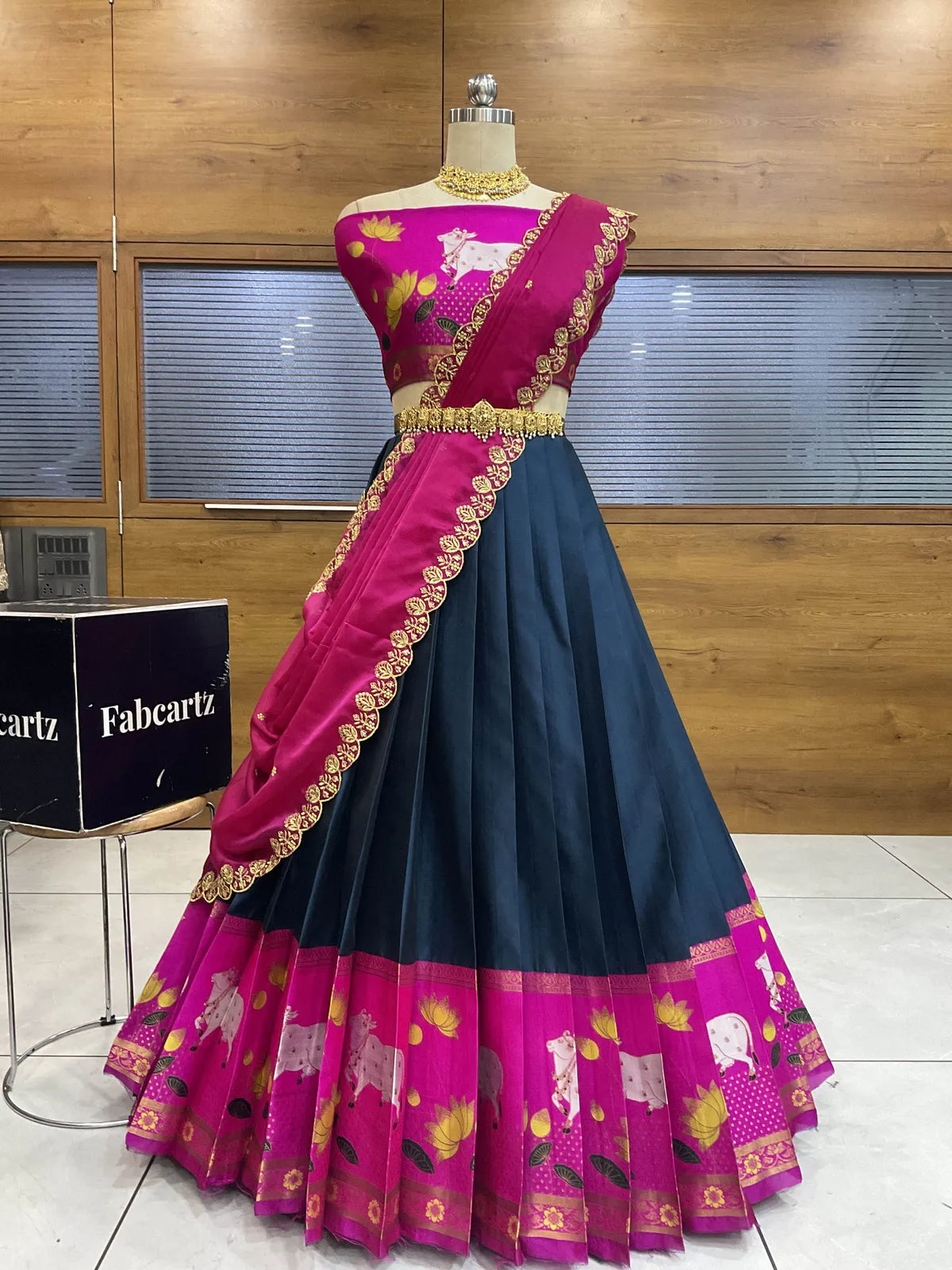 (KaamRango) South Indian Festival Traditional Half Saree with Embroidered Blouse & Dupatta