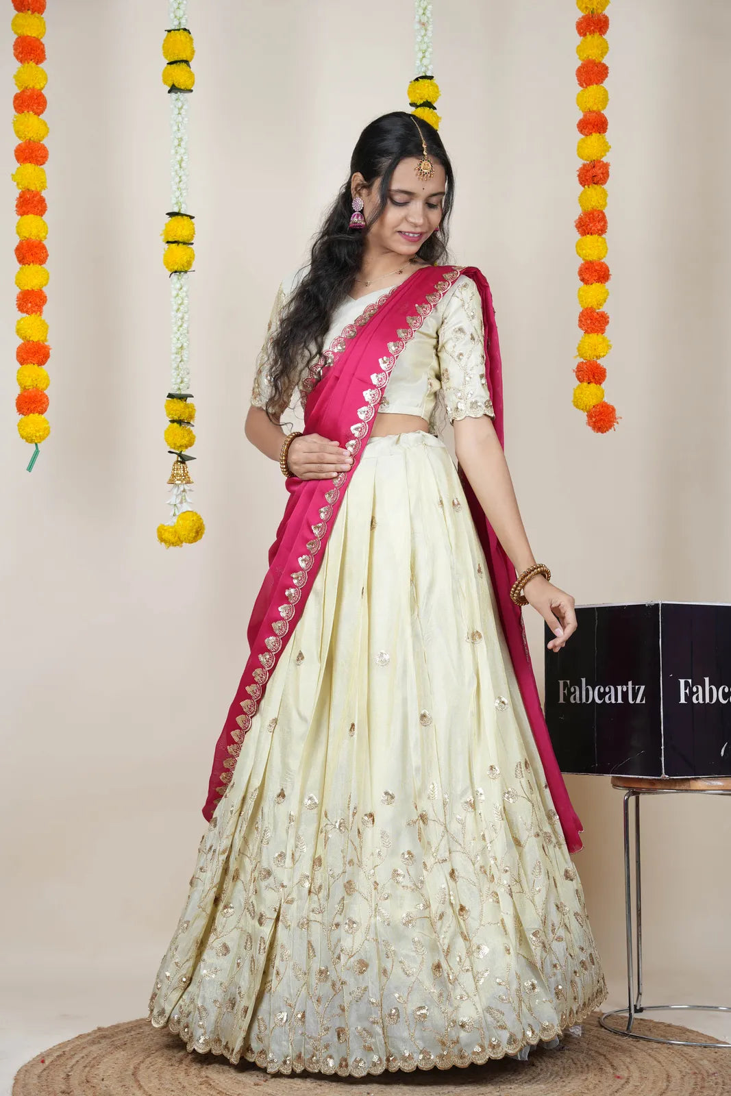 Satyabhumi Women's Embroidered Half Saree with Blouse and Dupatta
