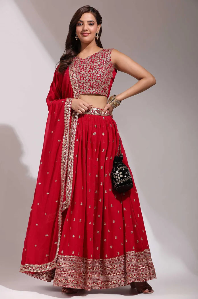 ShivGami Women's Embroidered Georgette Lehenga Choli with Sequins Work