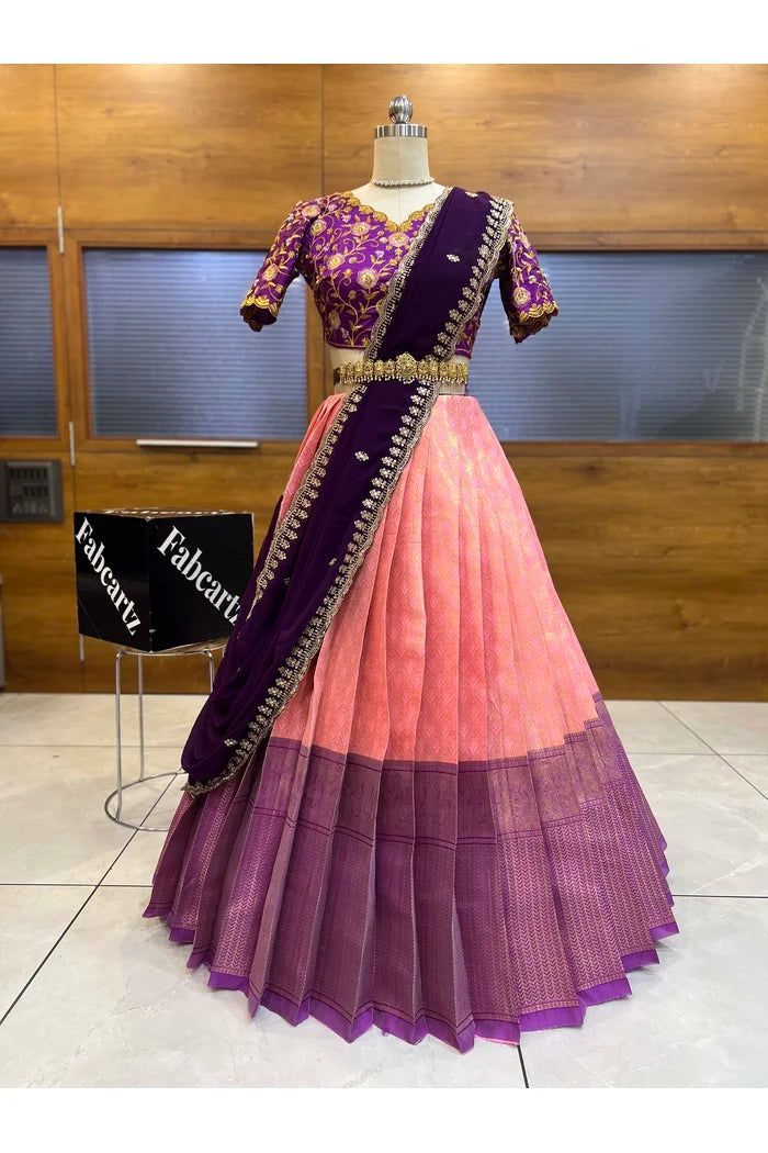 Munjya Women's Woven Design zari work Half Saree with Embroidered Blouse and Dupatta