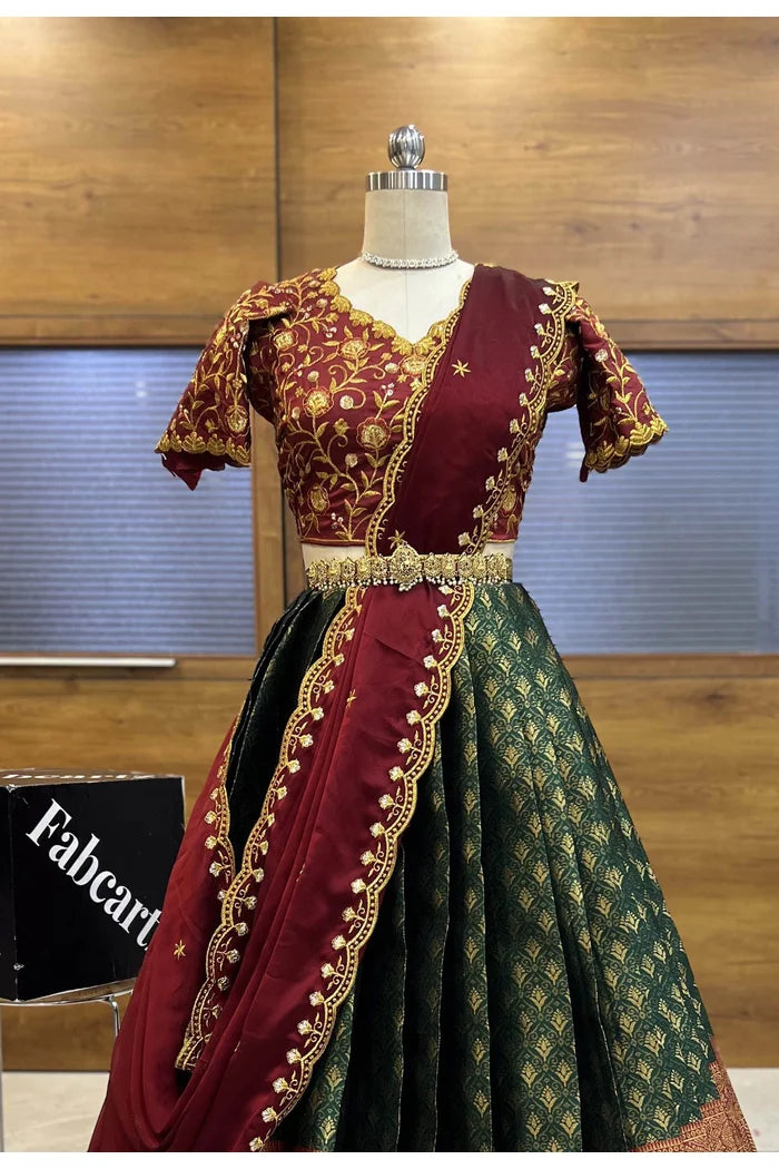 Munjya Women's Woven Design zari work Half Saree with Embroidered Blouse and Dupatta