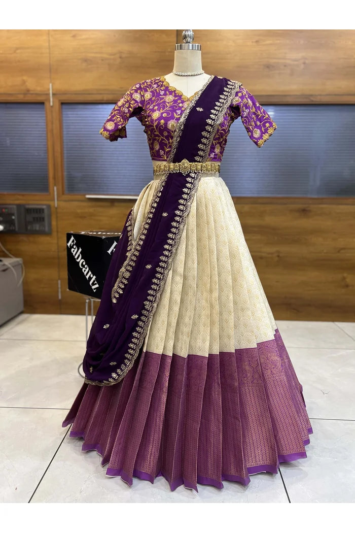 Munjya Women's Woven Design zari work Half Saree with Embroidered Blouse and Dupatta