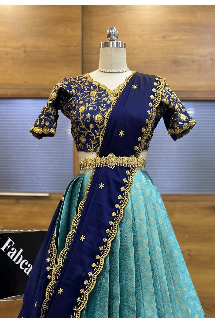 Munjya Women's Woven Design zari work Half Saree with Embroidered Blouse and Dupatta