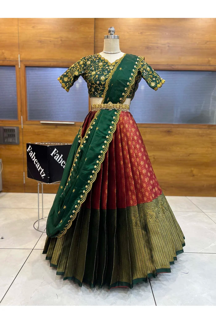 Munjya Women's Woven Design zari work Half Saree with Embroidered Blouse and Dupatta