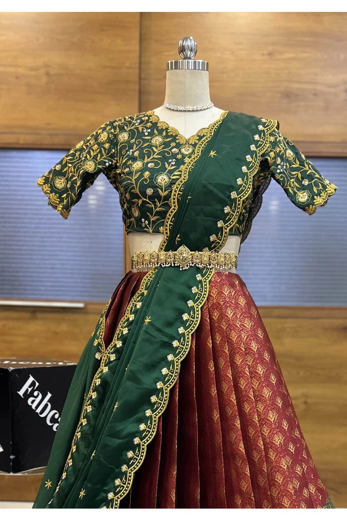 Munjya Women's Woven Design zari work Half Saree with Embroidered Blouse and Dupatta