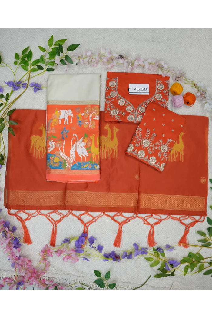 HiranPattu Women's Woven Design zari work Half Saree with Embroidered Blouse and Dupatta